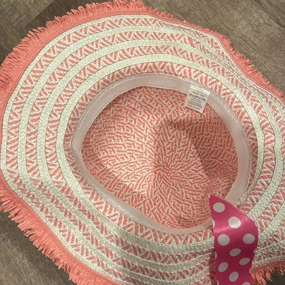Pink and White Sun Hat with Polka Dot Ribbon